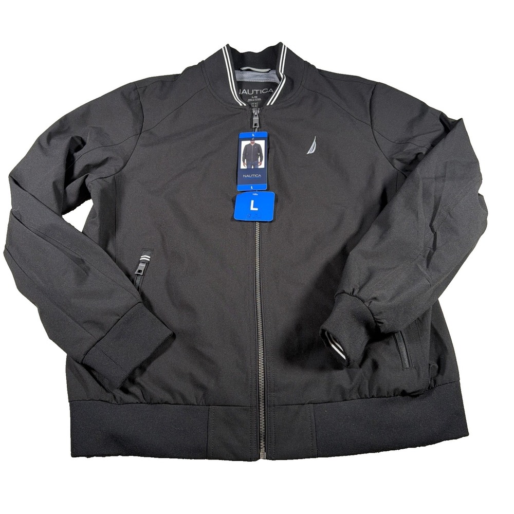 Nautica Men's Lightweight Bomber Jacket Large Black Full Zip Water Resistant NEW